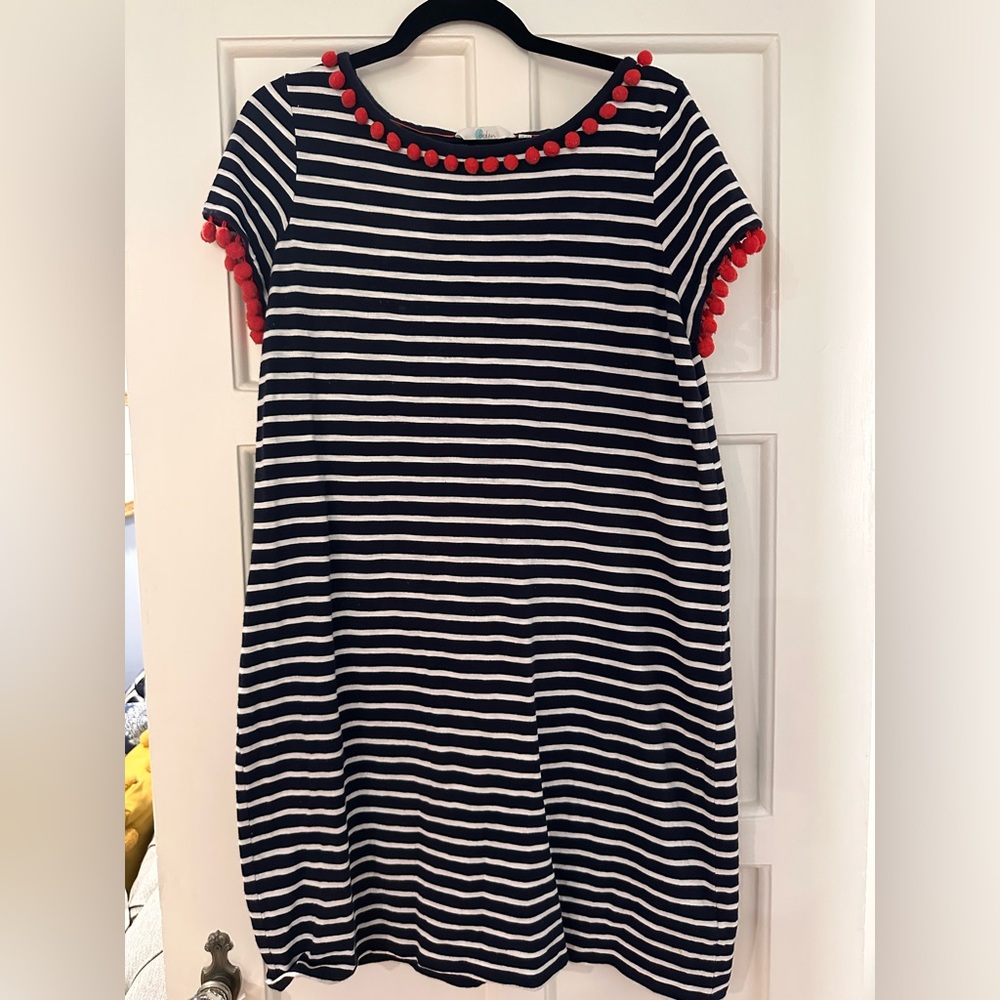 Boden Navy and white stripped dress with red Pom Pom detail.